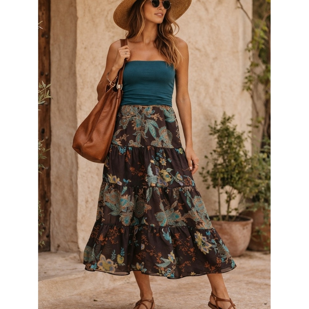 Courtenay Tiered‎ Maxi Skirt Boho Floral Paisley Print Brown Blue Size 4 NWT
